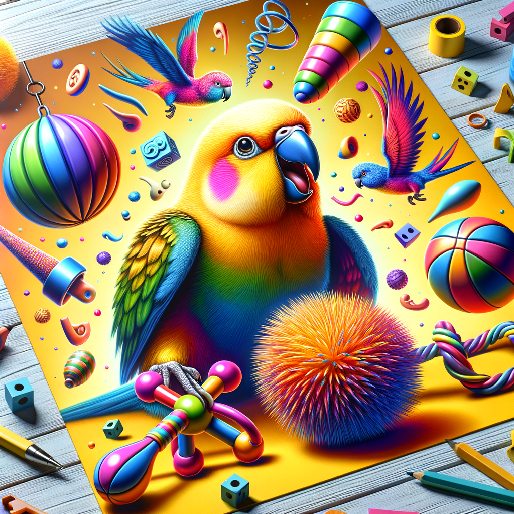 Delighted parakeet engaging in fun and interactive games, showcasing a variety of colorful parakeet entertainment and stimulation activities for delightful parakeet playtime.