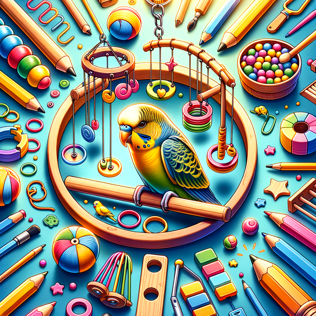 Parakeet enjoying playtime with a selection of safe, interactive bird toys including colorful swings, bells, and ladders, illustrating the process of choosing the best toys for parakeet amusement and entertainment.