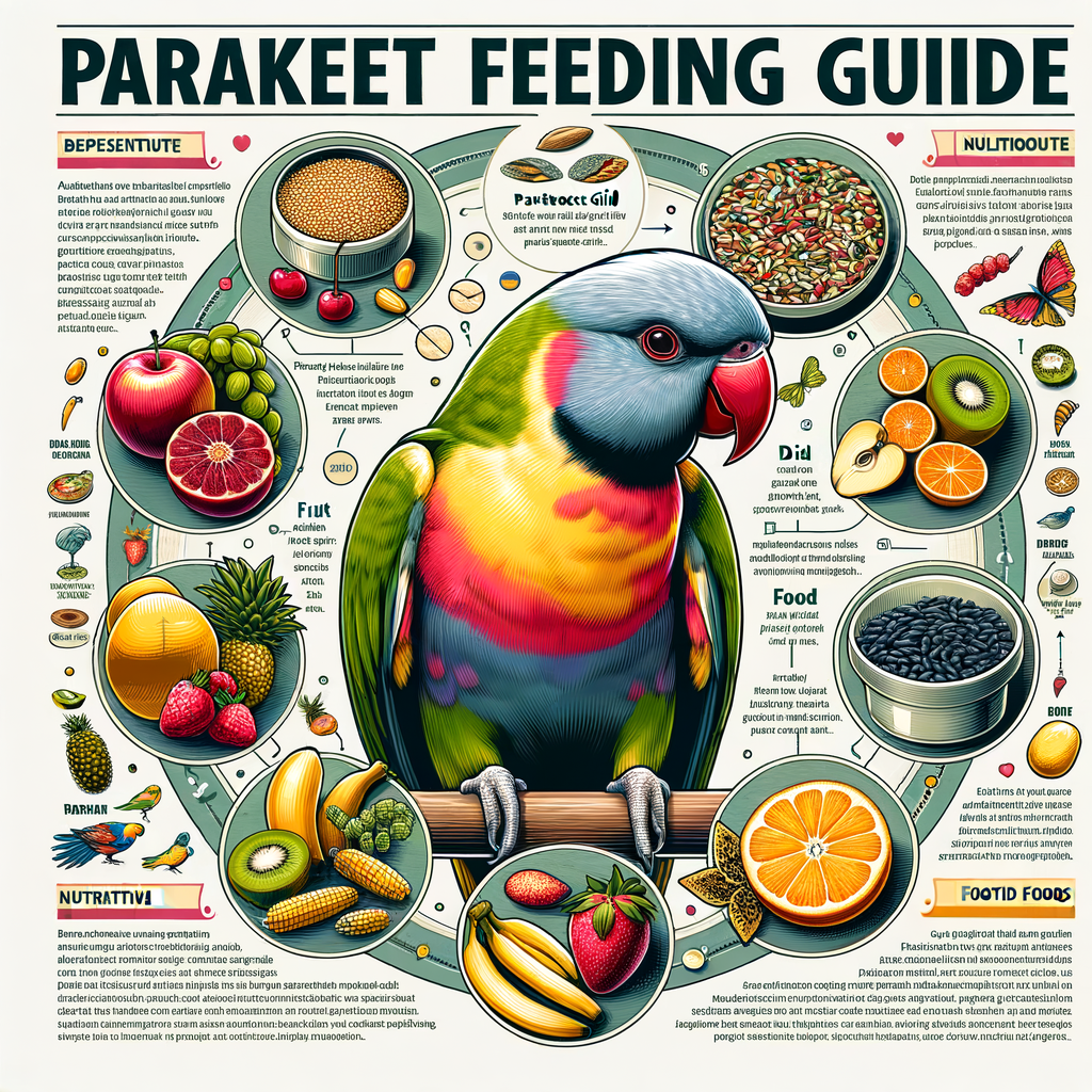 Infographic detailing parakeet nutrition and optimal parakeet health, featuring a parakeet feeding guide and showcasing the best food for parakeets to maintain their health.