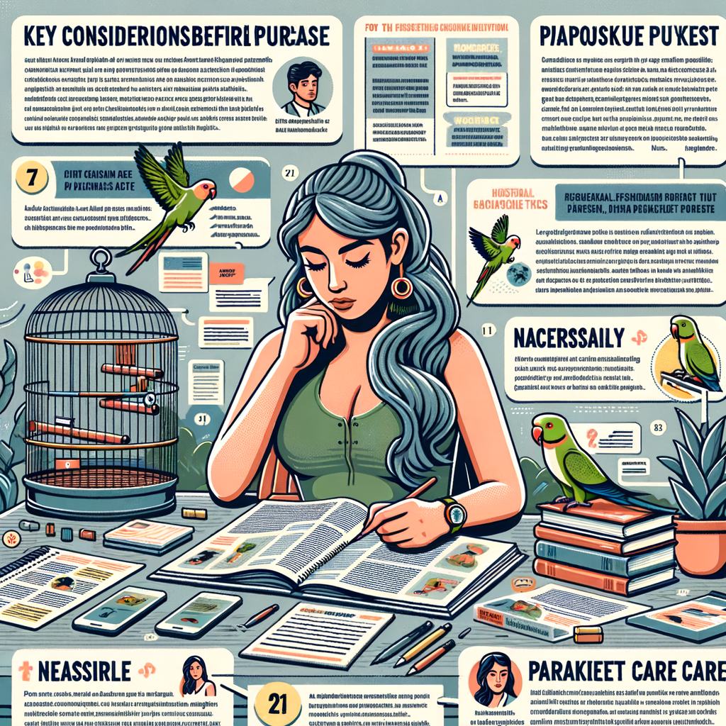 Infographic illustrating a comprehensive parakeet buying guide, highlighting considerations before purchasing parakeets, tips for buying a new parakeet, and essential parakeet care before purchase.