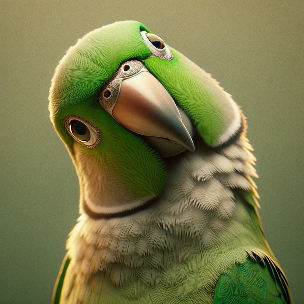 Green parakeet tilting head, demonstrating parakeet behavior patterns like head bobbing and tilt meaning, key in decoding bird behavior and understanding pet bird communication.
