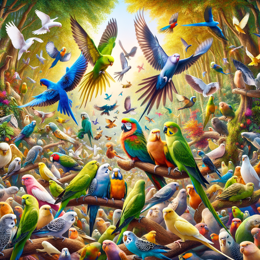 Vibrant image of different bird species coexistence, showcasing parakeets interaction and compatibility with other feathered friends in a mixed aviary, highlighting inter-species bird relationships.