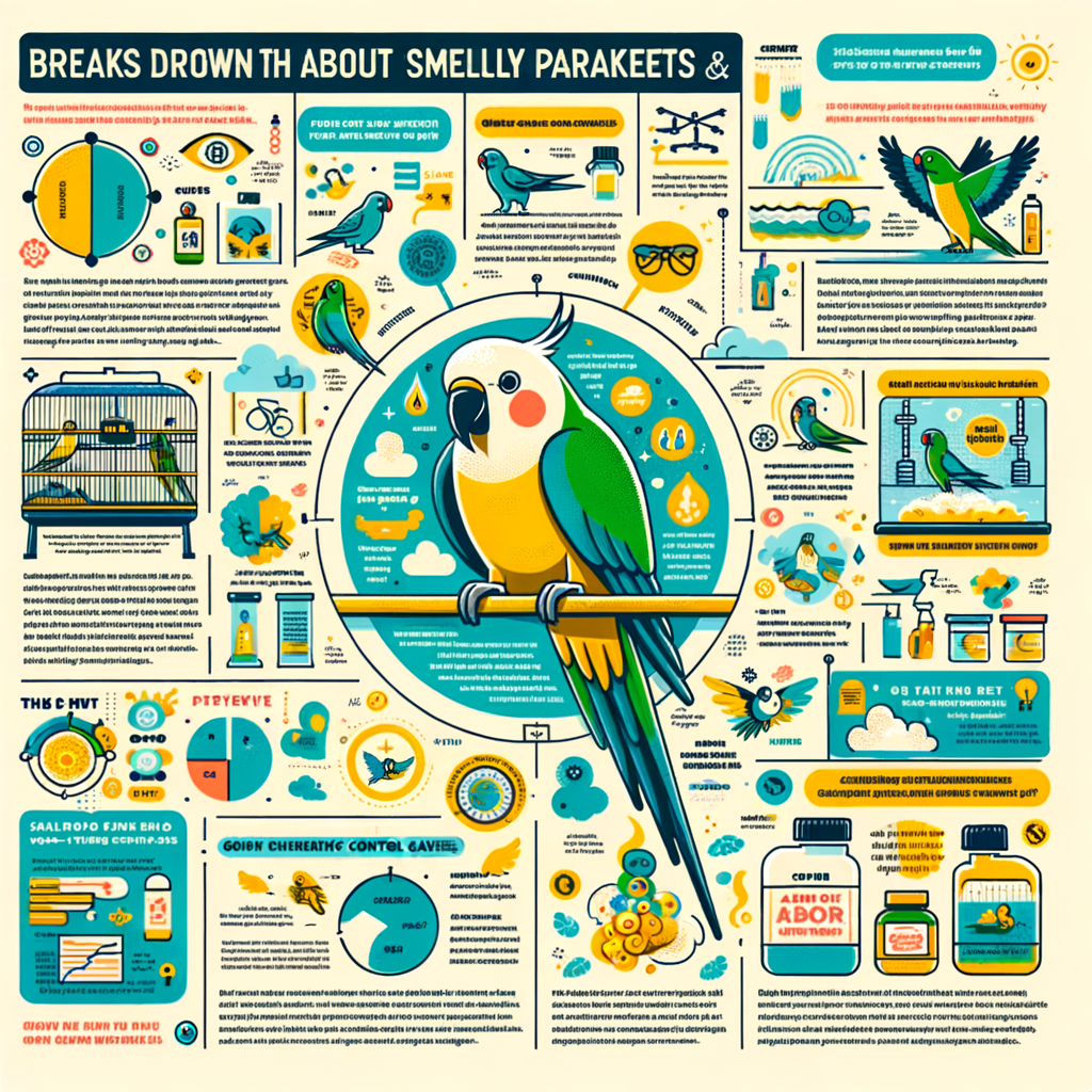 Infographic debunking the smelly parakeets myth with facts about parakeet odor misconceptions, highlighting parakeet care, hygiene, odor control, and prevention techniques.