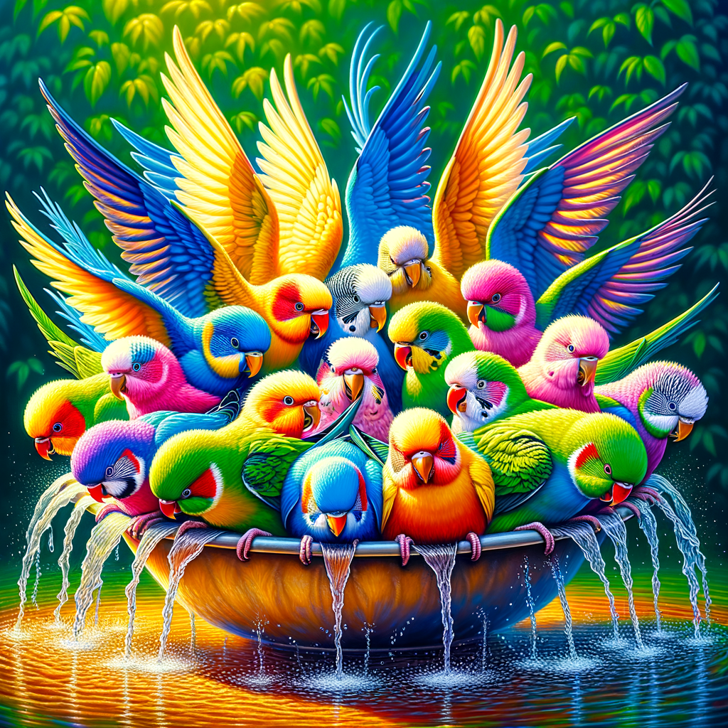 Colorful parakeets bathing joyfully in a well-maintained bird bath, demonstrating bird bath benefits for parakeet hygiene, grooming, and overall care.