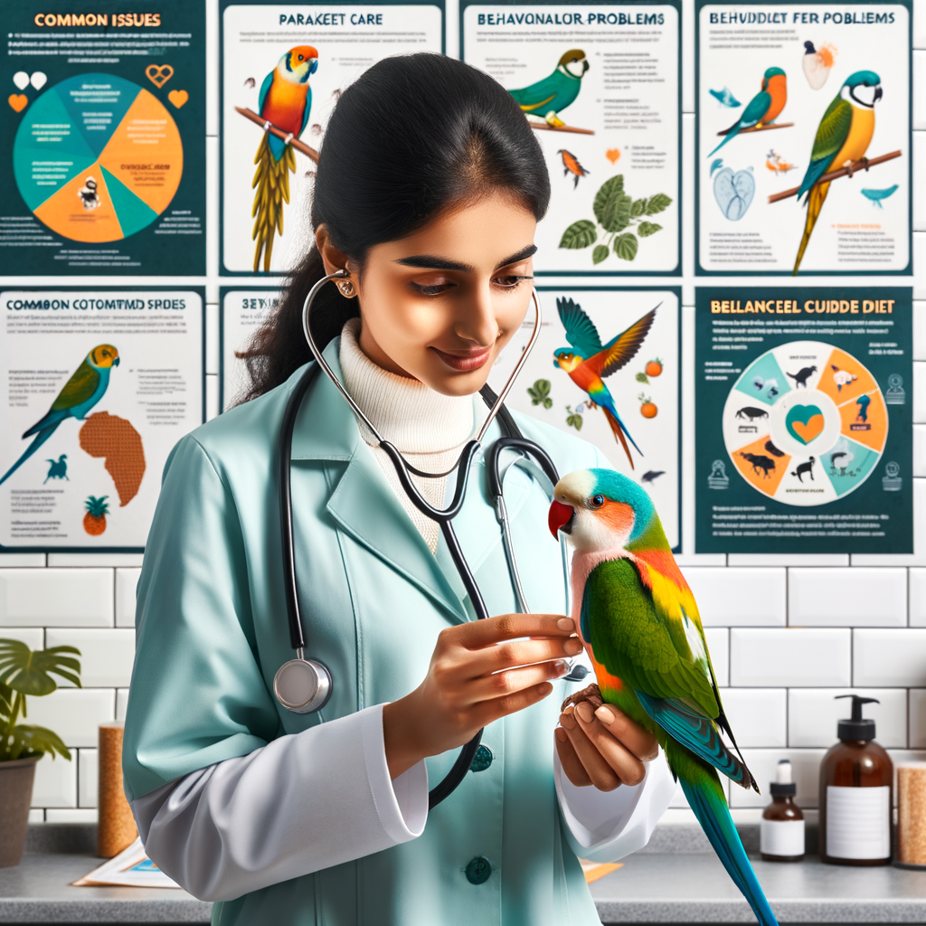 Veterinarian examining parakeet, showcasing parakeet care guide, common parakeet issues, solutions for parakeet problems, and overcoming parakeet challenges, including behavior and feeding issues, in a well-equipped clinic.