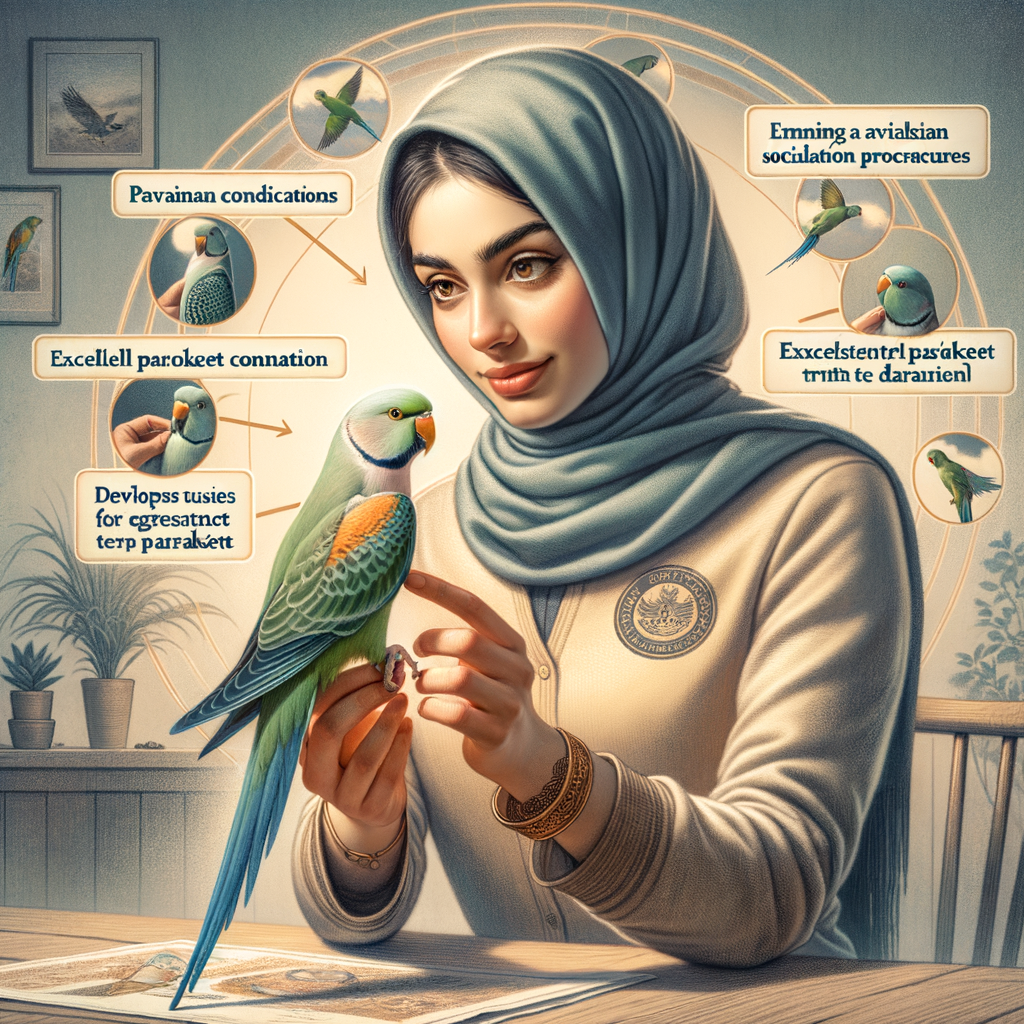 Professional bird trainer demonstrating parakeet trust training and bonding techniques in a home environment, emphasizing on understanding parakeet behavior for improving relationship and providing proper parakeet care.