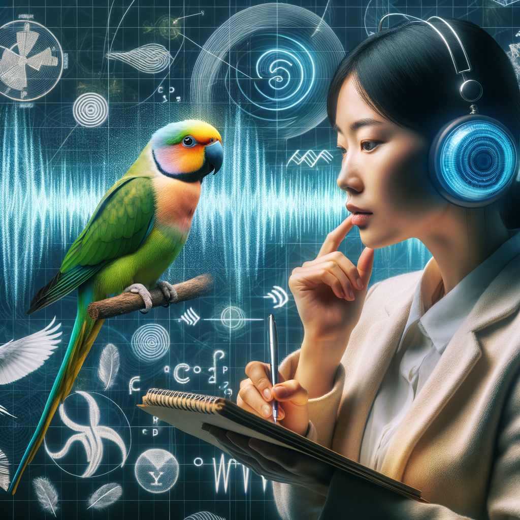 Ornithologist decoding parakeet vocalizations and understanding bird chatter, with visual aids of bird communication and parakeet language translation in the background.