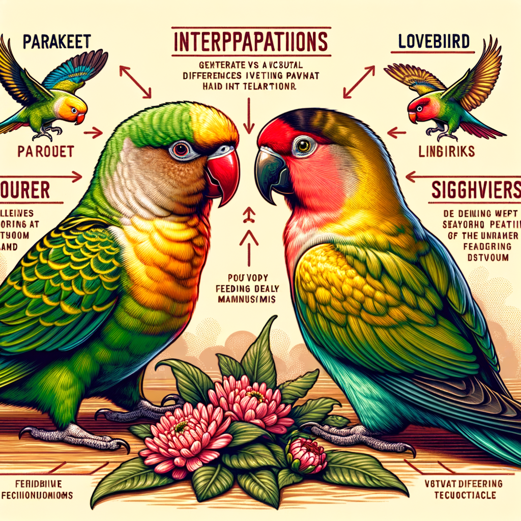 Parakeet and Lovebird interaction showcasing unique bird dynamics and differences in Parakeet vs Lovebird behavior, perfect for understanding their friendship and decoding bird behavior.