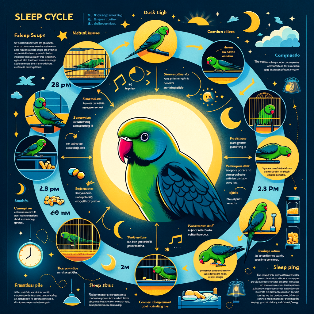 Infographic illustrating parakeet sleep cycle, sleeping habits, and night behaviors for a comprehensive understanding of parakeet sleep issues and schedule.