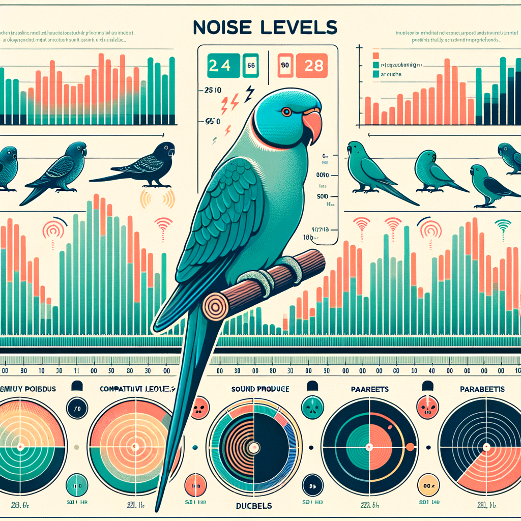 Infographic comparing Parakeets noise level in decibels with other birds, illustrating the loudness of Parakeets, a sound wave representation of Parakeets sounds for understanding bird sounds, and a meter indicating Parakeets and noise pollution for decoding bird decibels.