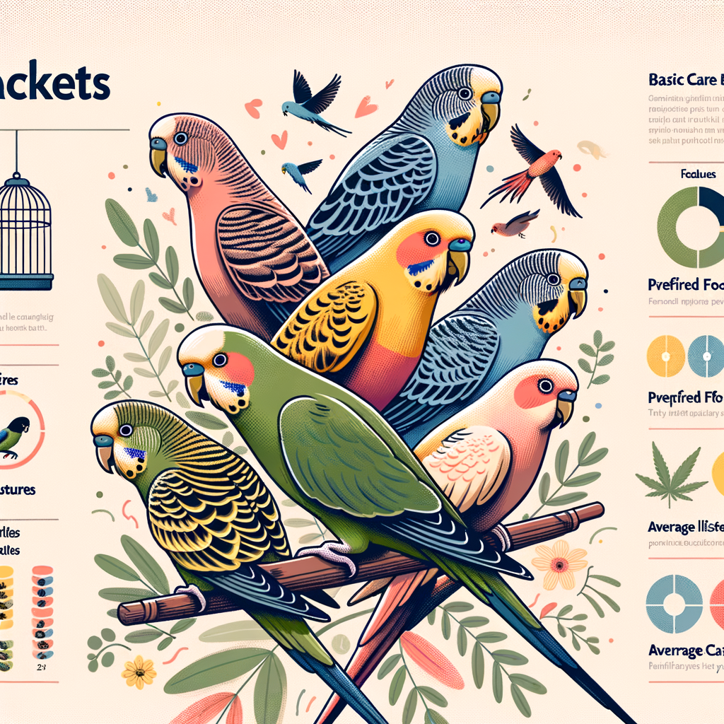 Infographic showcasing fascinating budgie bird facts, parakeet trivia, characteristics, diet, lifespan, and care guide, illustrating unique budgie bird behavior and various types of parakeets.