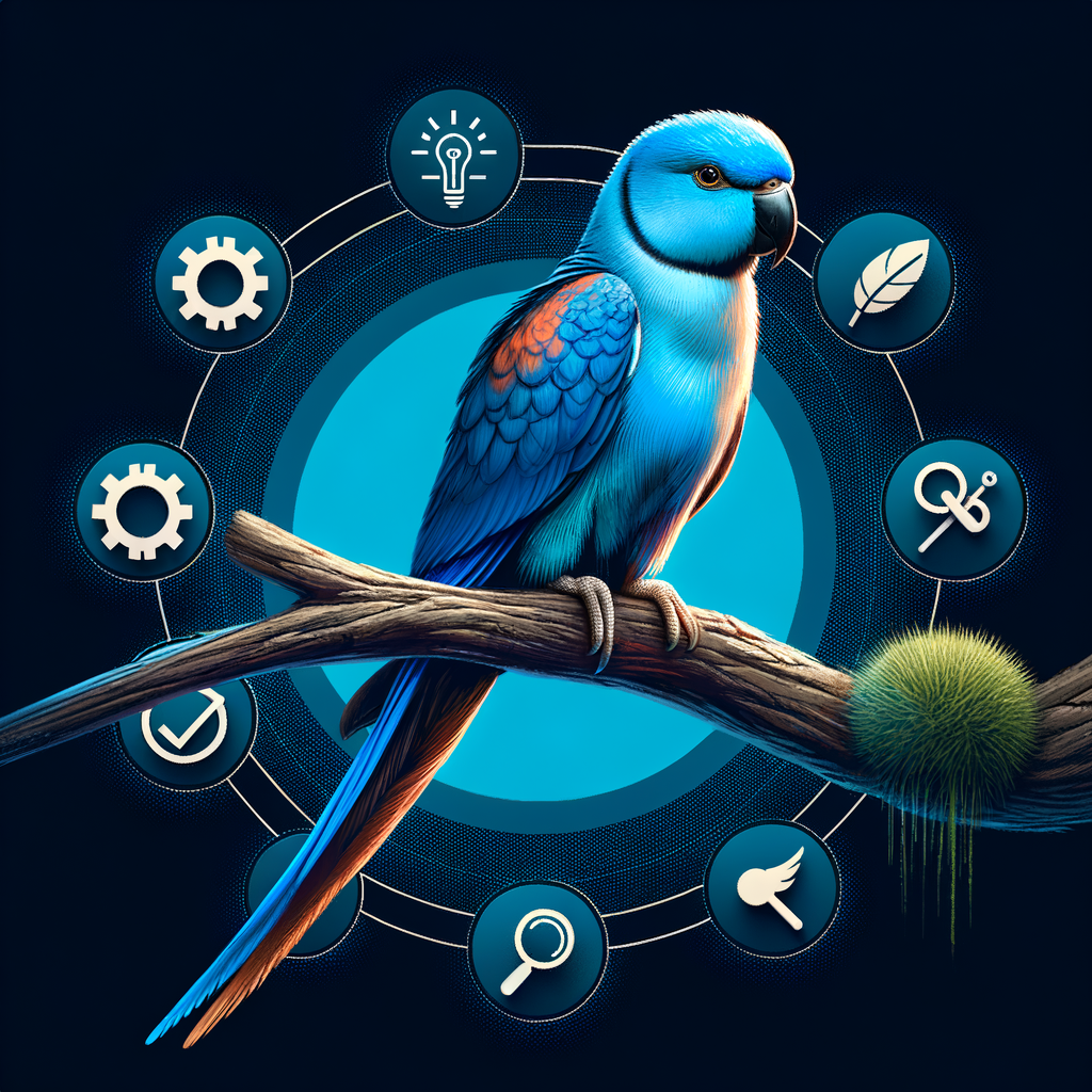Beautiful blue parakeet on a branch, symbolizing the rarity and beauty of blues, with debunking myths and fact-check icons for understanding blue parakeet species, care, and misconceptions.