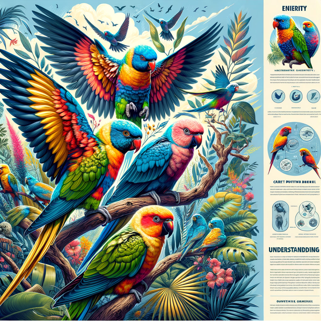 Colorful Parakeets in their natural habitat, showcasing a variety of Parakeet species and their vibrant colors, with a guide on understanding Parakeet behavior and Parakeet care.