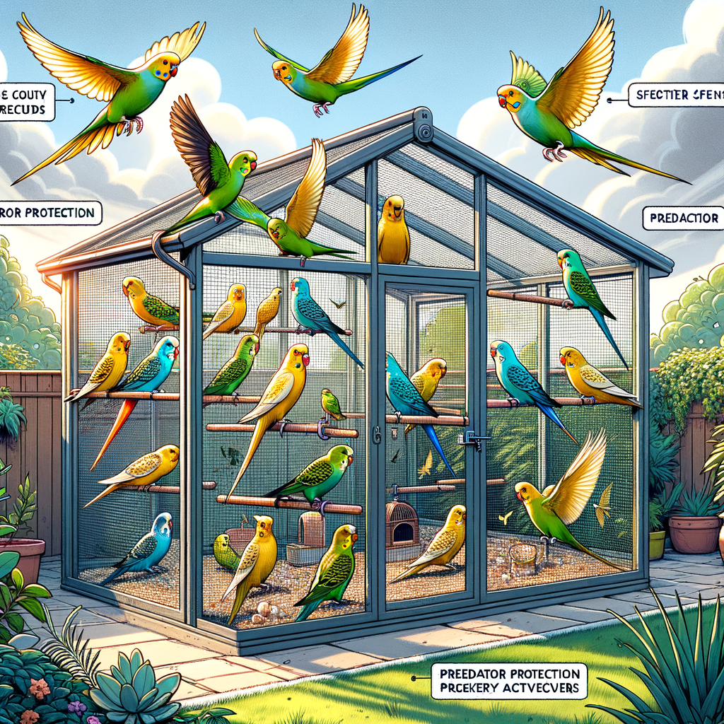 Parakeet displaying flight tendencies in a safe backyard aviary, illustrating outdoor parakeet safety measures and risks involved in taking parakeets outside for bird adventures.