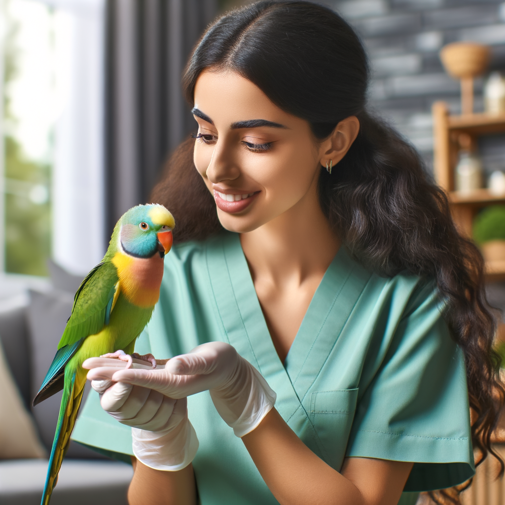 Professional pet trainer demonstrating parakeet trust building and bonding techniques for creating a strong relationship with your parakeet at home, providing parakeet care and interaction tips.